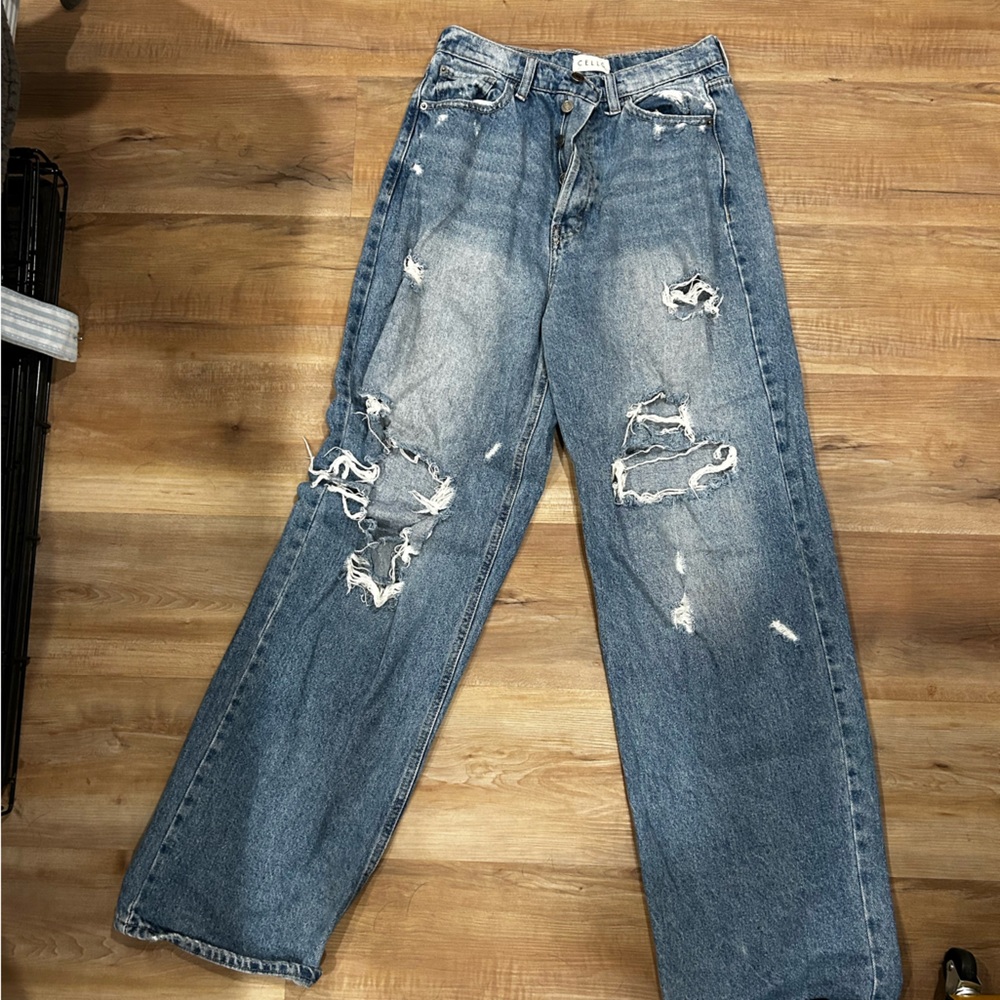 High Rise Baggy Distressed Blue Jeans